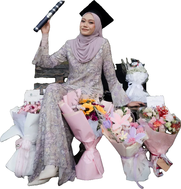 Sabrina seated among her bouquets, raising her scroll