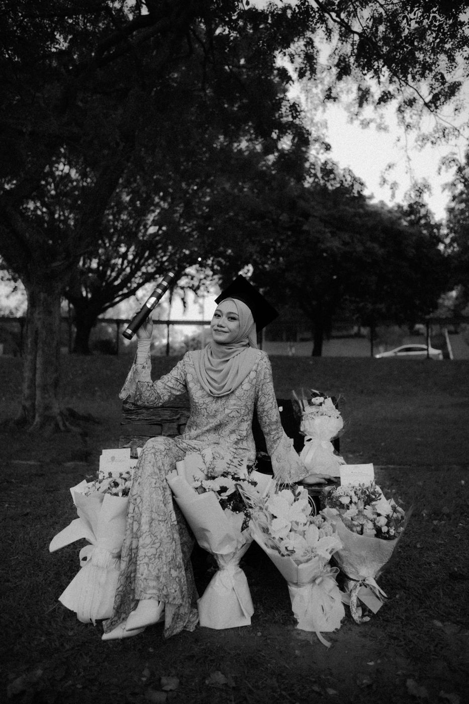 Black and white portrait among the bouquets